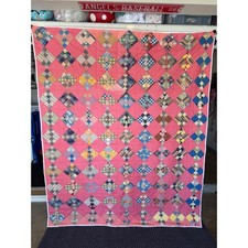 Vintage Handmade Patchwork Quilt Pink Multi Color Diamond Scrap Farmhouse Throw picture