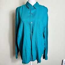 Arleen Bowman Chin Chin Womens S Teal Green Rayon Button Down Long Sleeve Blouse picture