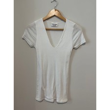 VTG Y2K Michael Stars Stretch White Shimmer V Neck Short Sleeve Fitted Tee O/S picture