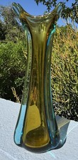 Vtg Murano Sommerso Ribbed Vase Flame Rim, Blue w/Amber Core, Italy MCM 6 Finger picture