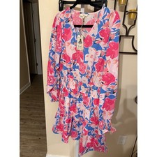 Easel Los Angeles Pink Blue Floral Smocked Waist Ruffle Mini Dress Large NWT picture