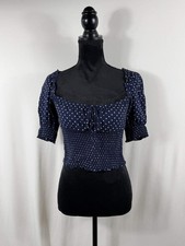 Reformation Polka Dot Tie-Front Puff-Sleeve Crop Top – Navy picture