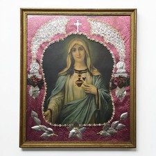 Antique Immaculate Sacred Heart Mary Print Embellished Flowers Foil 17.5 X 21.5 picture