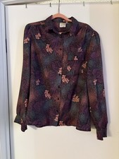 Vintage 70s Pykettes Floral Blouse Plum Speckled Print Puff Sleeve Top Sz Med picture