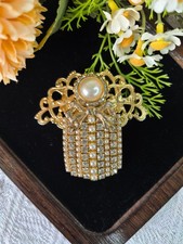 Rare Vintage Signed Jane Rhinestone Faux Pearl Brooch Unique Design picture