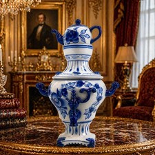 Porcelain Samovar Vintage Russian Gzhel Style Blue White Tea Set Decor picture