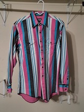 Vintage Wrangler Brushpopper Shirt 16 1/2 X 34 Pink Teal Western Rodeo picture