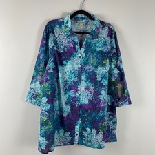 Catherines Button Up Shirt Size 1X Lightweight Cotton 3/4 Sleeves Teal Floral picture