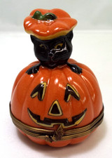 Limoges Peint Main Trinket Box Jack-O-Lantern Black Cat Halloween France CJO picture