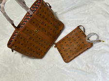 MCM Brown Logo Tote Bag w/ Matching Pouch, Gold Tone Hardware, Double Handles picture