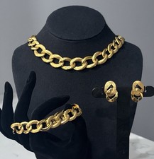 Vintage Napier Necklace Bracelet Earrings Set Gold Tone Textured Curb Chain picture
