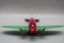 Vintage 1930s Diecast Metal Airplane Red Green Hubley Barclay Style Wooden Wheel picture