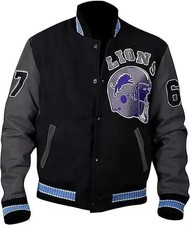 Detroit Lions Football Varsity Jacket Black Wool & Leather Bomber Style picture