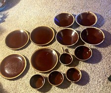 VTG McCoy USA Ceramic Dinnerware Set Brown Dripglaze  Backstamp 7026 & 874 read  picture