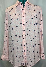 Talbots Petites MP Pink Navy Heart Print Button Front Rayon Blouse picture