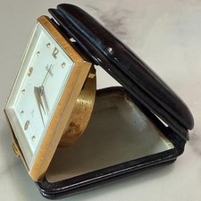Vintage Zell Bros Swiss Travel Clock Black Folding Case Gold Tone MCM picture