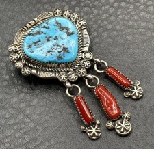 VTG Navajo Fred Harvey Era Sterling Silver Turquoise Coral Brooch Pendant picture