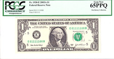 2003-A $1 FRN PCGS Gem New 65PPQ Fancy TRUE 0/1 BINARY Serial #E01111100B picture