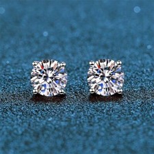 MEN Small 3mm Brilliant Moissanite 4P Stud Earrings White Gold-Plated Silver picture
