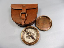 Authentic Vintage Brass Pocket Compass with Leather Case Rustic Vintage Home picture