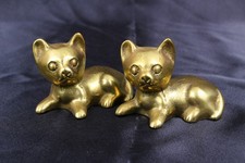 Vintage Italian Brass Cat Figurines Pair MCM Paperweight Crouching Kittens picture