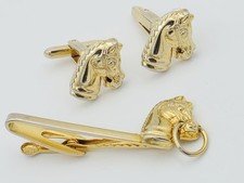 Vintage Hickok Horse Head Cufflinks Tie Bar Set Gold Tone Equestrian USA picture