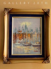 LOVELY VTG PASTEL HUES SEASCAPE SHIP OIL PAINTING VTG ORIG ART MID CENTURY 50S picture