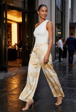 Commense Gold Floral Satin Wide Leg Pants Womens M Resort Summer Cocktail picture