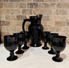 VTG Indiana Glass Black Amethyst Monarch Paneled Daisy Pitcher & 6 Goblets Set picture