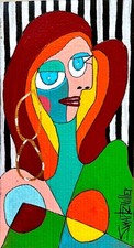 Original colorful PICASSO STYLE PAINTING upcycle LADY 13x20 SWARTZMILLER DNA ART picture