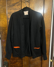 1940’s Melmoni Men's S Black Wool Knit Button Front Cardigan with Red Accents picture