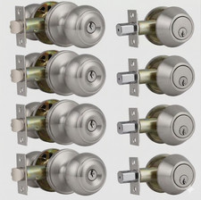 4 Pack Keyed Entry Door Knobs & Single Cylinder Deadbolt Lock Combo Set - SILVER picture