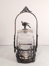 Atq Victorian EAPG Glass Etched Pickle Castor Barrel Pheasant Lid Simpson Hall picture