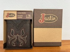 JUSTIN BOOTS NIB NWT Genuine Leather Trifold Western Boot Stitch Men Logo Wallet picture