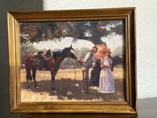 Vintage Cowboy Lady Horse Print Wooden Frame Photo 9”x11” Western Decor Prairie picture