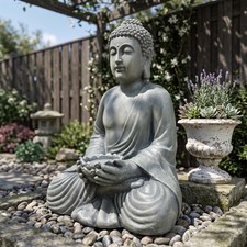 19 inch Meditating Seated Buddha Statue, Outdoor Garden Sculpture, Antique Gray picture