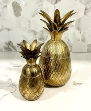 Vintage MCM Brass Pineapple Trinket Boxes Lidded Containers Graduated Set/2 EUC picture