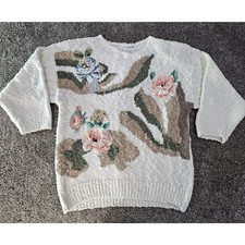 Vintage Hana Lee Sweater Women's Large White Floral Print Chunky Knit Faux Pearl picture