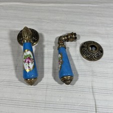 Rare Antique BEAUTIFUL BLUE ROSES BRASS & PORCELAIN DOOR HANDLES B1 picture