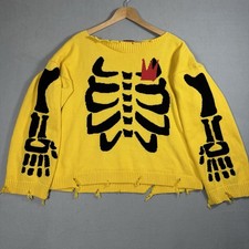 Charles Jeffrey Loverboy Skeleton Crown Knit Sweater Yellow Distressed Sz M picture