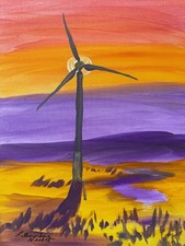 Neal Original Acrylic 12x16 Modern Wind Turbine Sunset Painting Signed Canvas picture