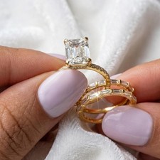 IGI 4.10Ct Emerald-Cut EF/VS1 Lab Grown Diamond Bridal Set Ring 14k Yellow Gold picture