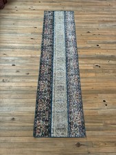 Vintage Turkish Patchwork Rug 2x8 Beige Cream Blue Wool Hand Knotted Runner picture