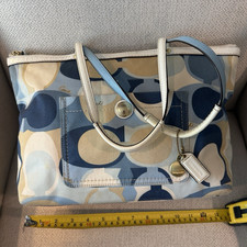 Coach Blue Beige White Large Geometric Tote Zip Top, Gold Hardware, Charm picture