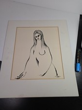 Vintage 1973 Signed Original Brush Ink Nude Woman Drawing 12x14 Matted picture