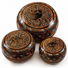 Vintage Burmese Burma Bagan Lacquerware Nesting Boxes Set 3 Peacock Birds 1950s picture