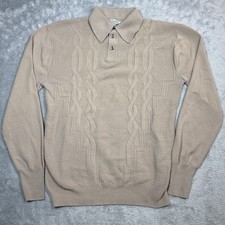 Vintage Burt Barry Ban-Lon Collared Long Sleeve Men Tan 3D Knit Nylon 70s picture