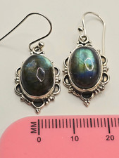 925 Sterling Silver Labradorite Oval Bezel Dangle Hook Earrings Signed picture