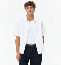 H&M Premium Selection Linen Woven Relaxed Short Sleeve Button-Up Shirt White L picture