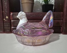 Vintage Fenton Champagne Pink Carnival Glass Hen / Chicken On Nest Covered Dish picture